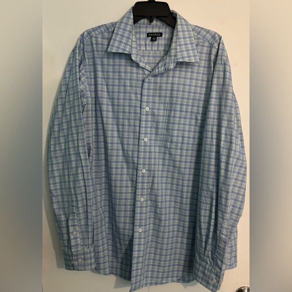 George Other - George Mens Sz XL 46-48 Long Sleeve Plaid Woven Blue White Green Button Down